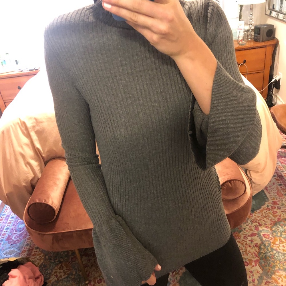 Bell sleeve ruffle mock neck sweater
